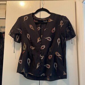 Madewell | Silk Belle Top | Peacock Feathers | Size 4 Short Sleeve Button Down